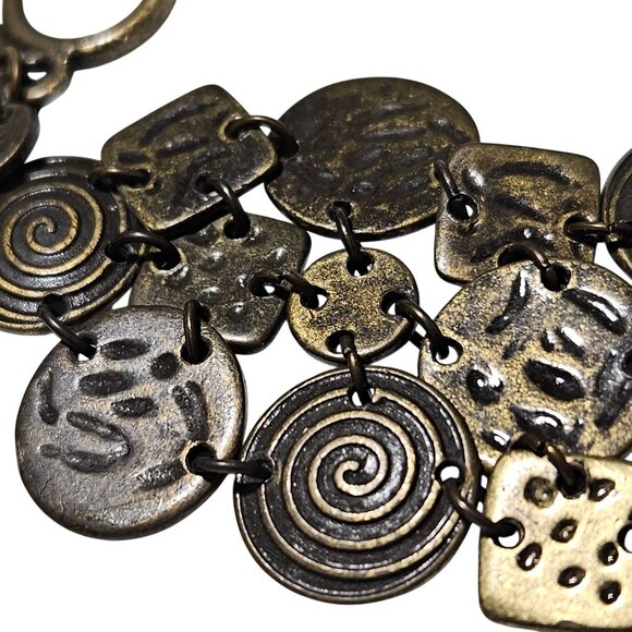 Handcrafted Antique Bronze Charm Bracelet Tribal Patterns Statement Jewelry - Picture 3 of 5